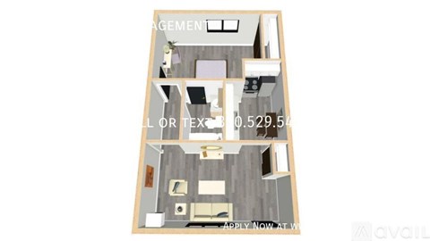 A floor plan of a house with a living room, two bedrooms, and a bathroom.