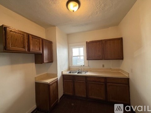 A kitchen with wooden cabinets and a window.