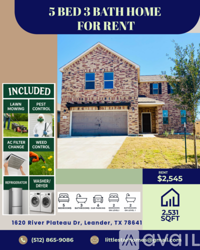 A real estate advertisement for a 5 bedroom, 3 bathroom home for rent at 1620 River Plateau Dr, Leander, TX 78641.
