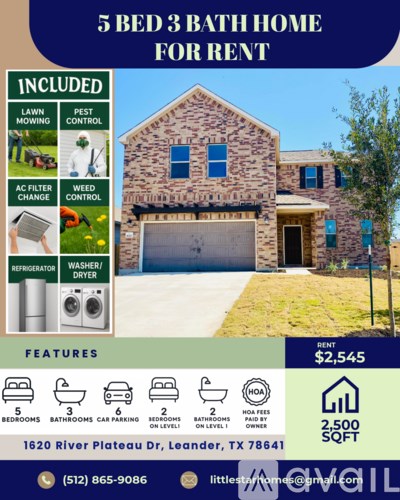 A real estate advertisement for a 5 bedroom, 3 bathroom home for rent at 1620 River Plateau Dr, Leander, TX 78641.