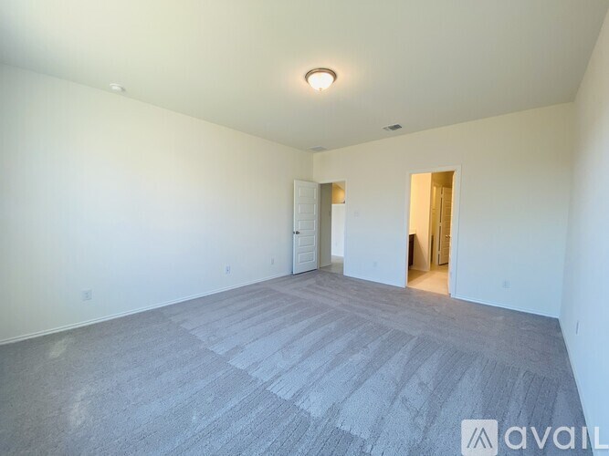 A room with a carpeted floor and a doorway leading to another room.
