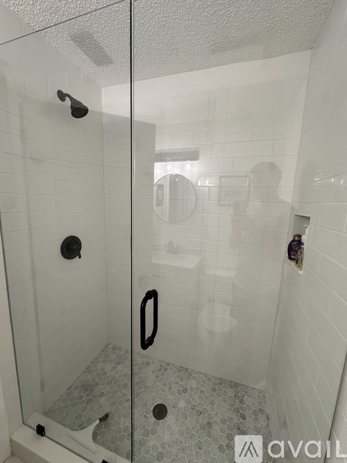 A glass shower door with a black handle and a black knob on the side.