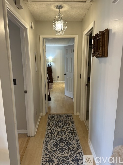 A hallway with a rug and a chandelier.
