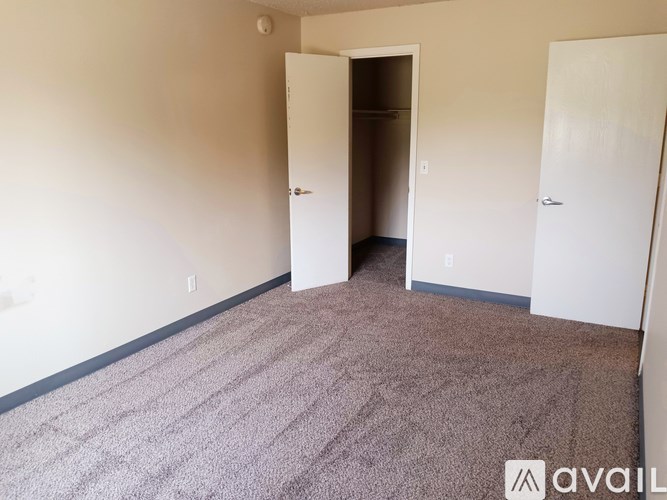 A room with carpeted floor and two doors, one of which is open.