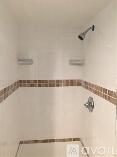 A shower area with a shower head and a hand held shower.