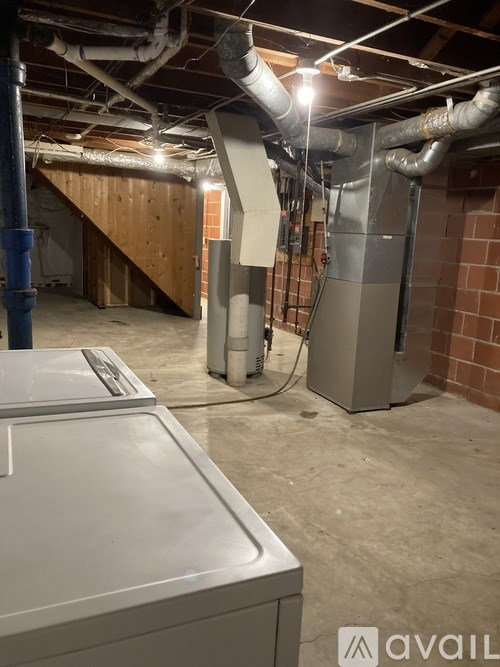 A room with a washing machine and a furnace.
