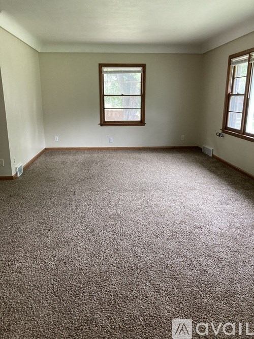 A room with carpeted floor and two windows.