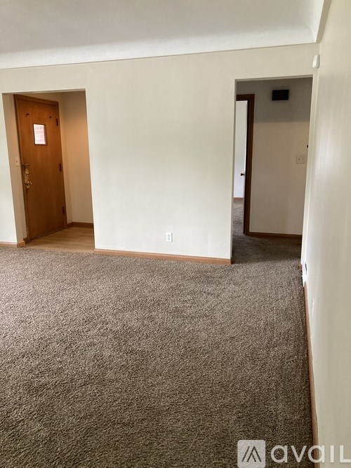 A carpeted hallway with a door on the left and a wall on the right.