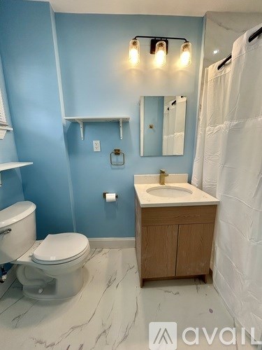 A bathroom with blue walls and a white toilet.