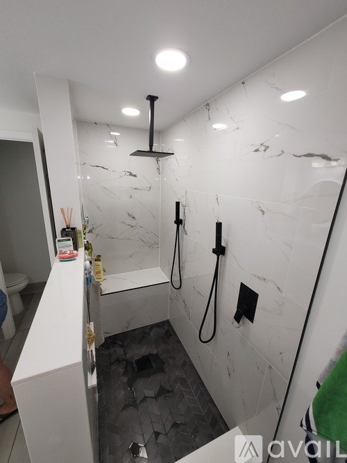 A bathroom with a marble shower and a white toilet.