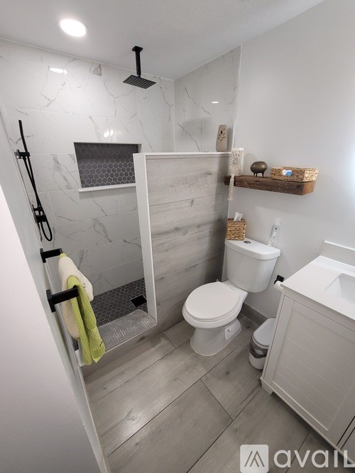 A bathroom with a toilet, sink, and a walk-in shower.