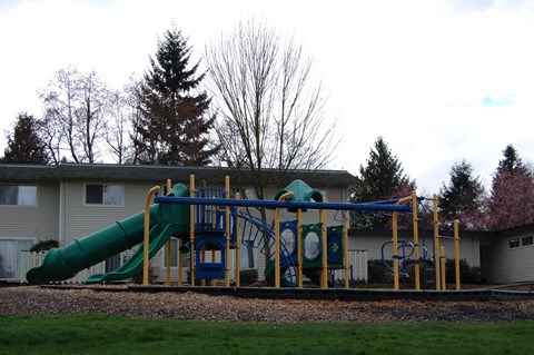 A playground with a green slide and a blue and yellow structure.