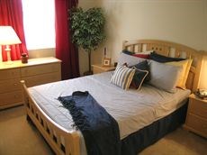 A bed with a black pillow and a white comforter is in the center of the image.