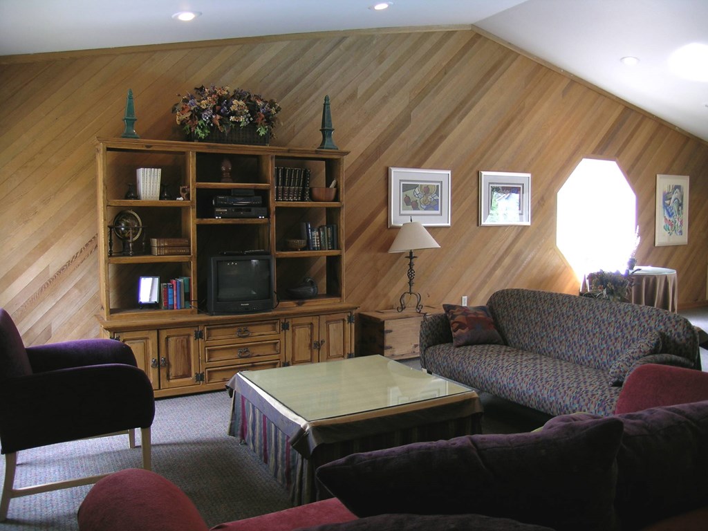 A living room with a couch, chair, and a television.