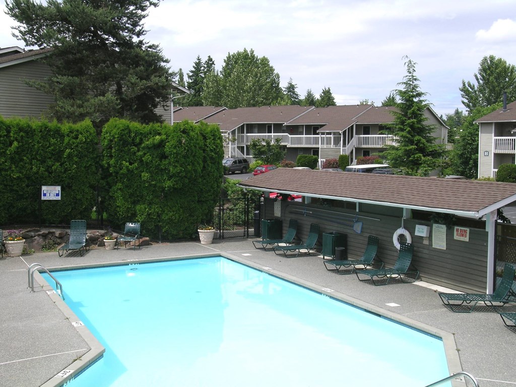 A swimming pool surrounded by green lawn chairs and trees.