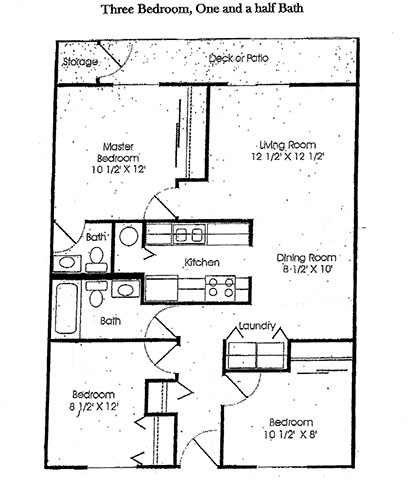 A diagram of a three bedroom apartment with one and a half baths.