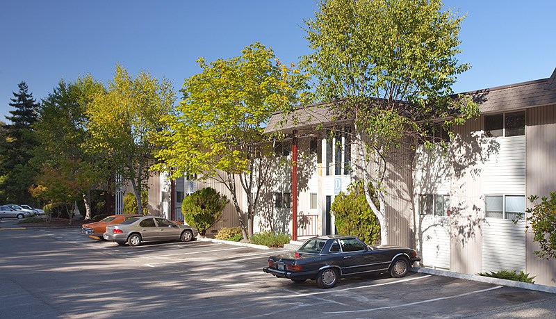 A black car is parked in a parking lot.