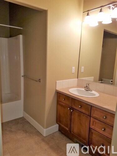 A bathroom with a sink, mirror, and cabinets.