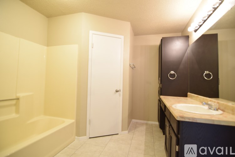 A bathroom with a white door and a sink.