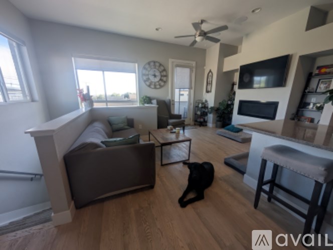 A black cat is laying on a wooden floor in a living room.