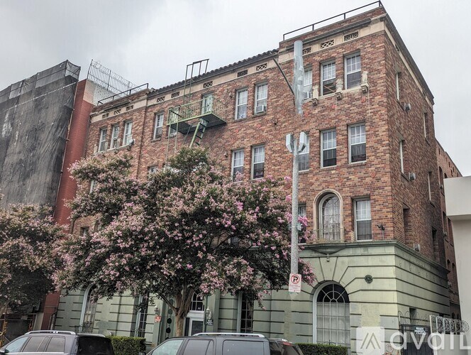 A building with a green tree in front of it.