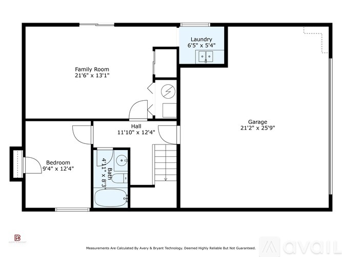 A floor plan of a house with a laundry room, family room, garage, and bedroom.