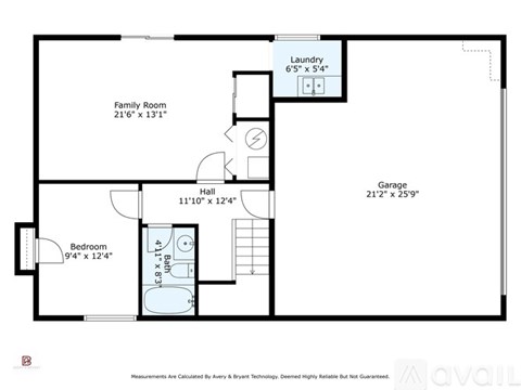 A floor plan of a house with a laundry room, family room, garage, and bedroom.
