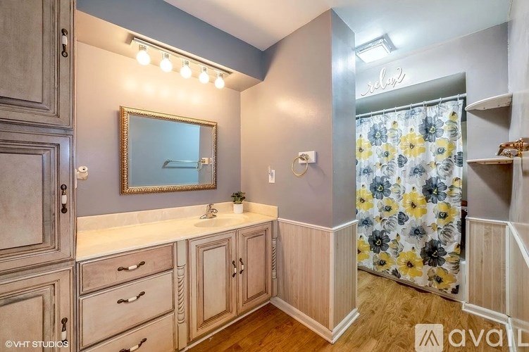 A bathroom with a vanity, mirror, and floral shower curtain.