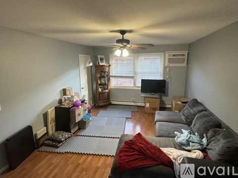 A living room with a grey couch and a ceiling fan.
