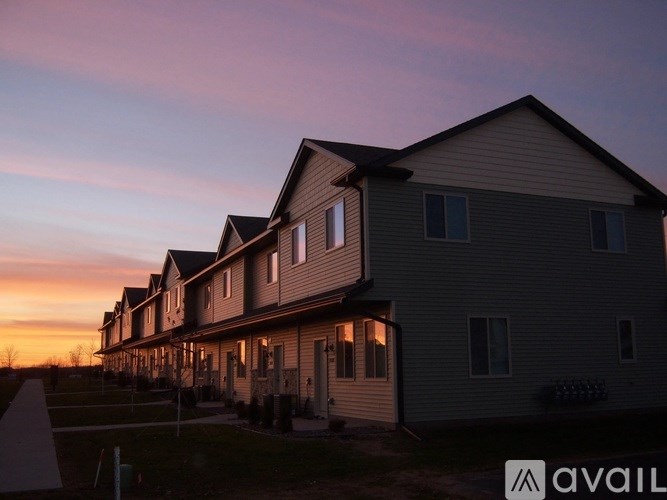 A row of houses with the sun setting in the background.