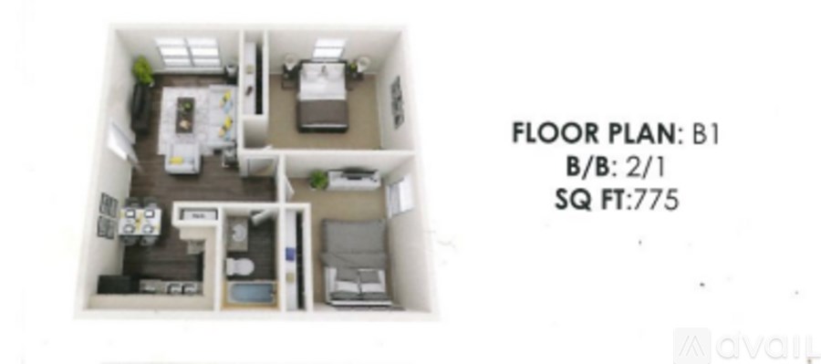A floor plan for a 2/1 bedroom apartment is shown, measuring 775 square feet.