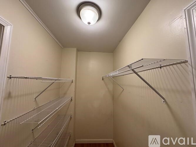 A walk-in closet with shelves and a light on the ceiling.