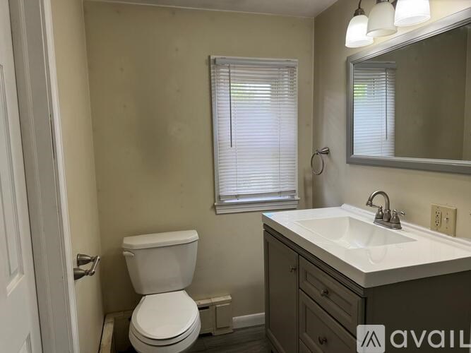 A bathroom with a toilet, sink, and mirror.