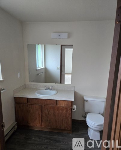 A bathroom with a toilet, sink, and mirror.