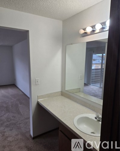 A bathroom with a sink and mirror.