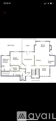 A floor plan of a house with a kitchen, living room, dining room, and multiple bathrooms.