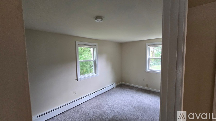 A room with a carpeted floor and two windows.