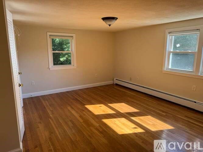 A room with wooden floors and two windows.