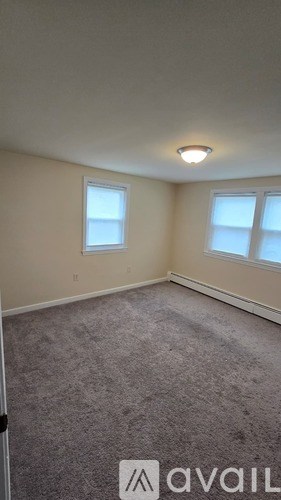 A room with carpeted floor and two windows.