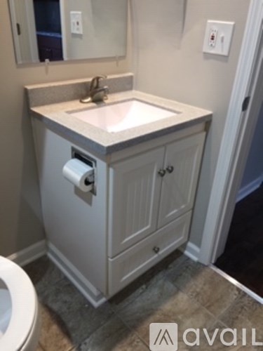 A bathroom with a sink and a toilet paper holder.