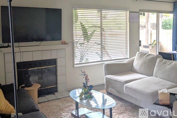 A living room with a fireplace, a couch, and a television.