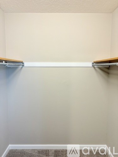 A wall with a shelf and a carpet on the floor.