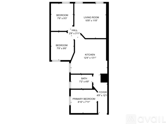 A floor plan of a house with a living room, two bedrooms, a kitchen, a bath, and a foyer.