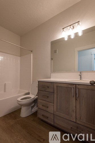 A bathroom with a toilet, sink, and wooden cabinets.