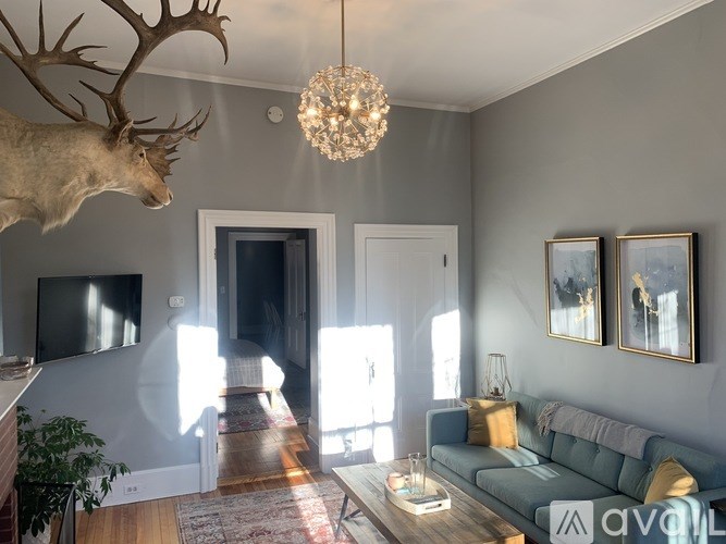 A living room with a deer head mounted on the wall and a chandelier hanging from the ceiling.