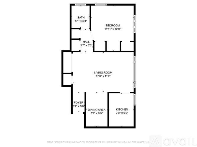 A floor plan for a home with a living room, dining area, kitchen, bedroom, and bathroom.