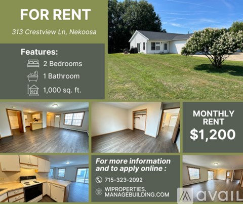 A house is for rent at 313 Crestview Ln, Nekoosa, featuring 2 bedrooms, 1 bathroom, and 1,000 sq. ft.