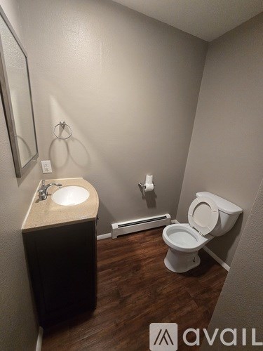 A bathroom with a toilet, sink, and mirror.