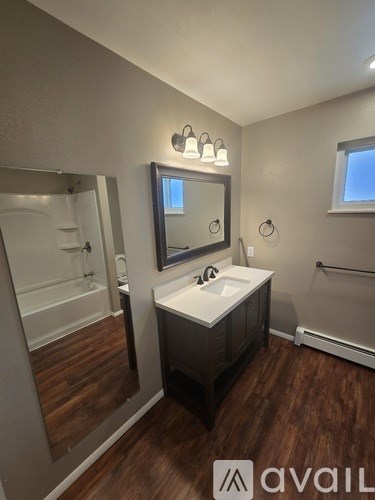 A bathroom with a sink, mirror, and wooden floors.
