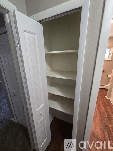 A white pantry with shelves and an open door.